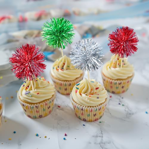 30Pcs Foil Firework Cupcake Toppers Sparkle Tinsel Cake Toppers Tinsel Drink Cake Decoration Cocktail Picks for Birthday Wedding Graduation Party Supplies Silver Green Red (30 Count)