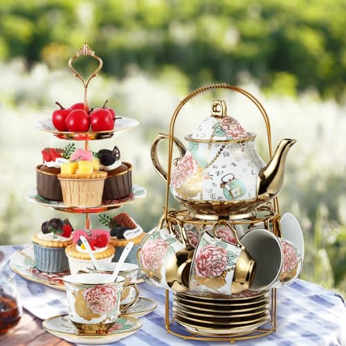 21 Pcs Porcelain Tea Set for Women Tea Party with Metal Holder and 3 Tier Cake Stand Ceramic European Floral Teapot Set for Adults Mother's Day Christmas Thoughtful Gift