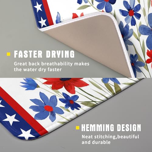 4th of July Flower Dish Drying Mat 16"x18" Independence Day Stars Dish Drainer Mats Watercolor Patriotic Floral Microfiber Dish Drying Rack Pad for Kitchen Countertop Decor