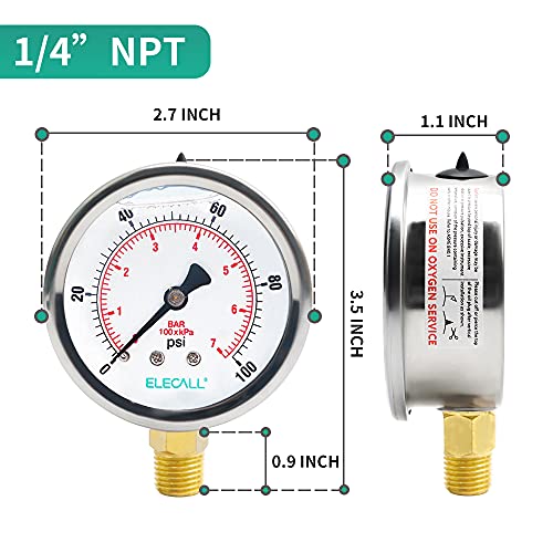 2-1/2” Glycerin Filled Pressure Gauge, 0-100Psi, 1/4”NPT Lower Mount, Stainless Steel Case, Brass Internals, Water Pressure Gauge