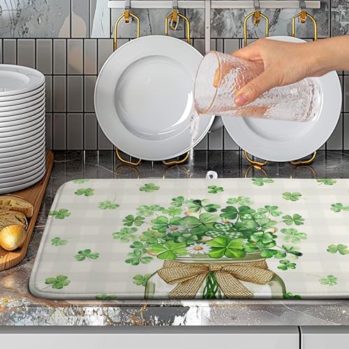 St Patricks Day Shamrock Dish Drying Mat Green Spring Kitchen Dishes Drying Pad Absorbent Dish Dryer Mats for Kitchen Countertops Microfiber Washable Large18x24 in