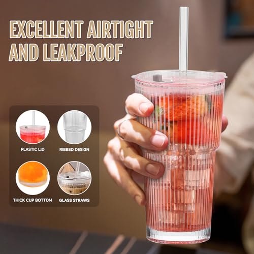 20oz Ribbed Glass Cups with Lids and Straws (2 Count)