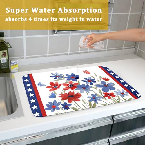 4th of July Flower Dish Drying Mat 18"x24" Independence Day Stars Dish Drainer Mats Watercolor Patriotic Floral Microfiber Dish Drying Rack Pad for Kitchen Countertop Large Decor