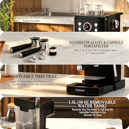 04E 20 Bar Espresso Machine with Milk Frother Steam 1100W Black