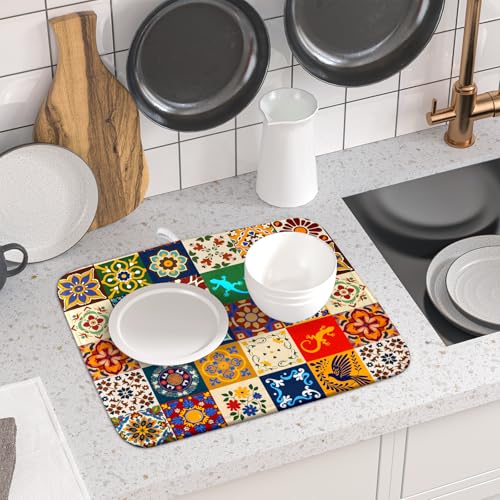 Mexican Tile Dish Drying Mat 16"x18" Talavera Boho Floral Print Dish Drainer Mats Rustic Ethnic Traditional Reversible Small Dish Drying Pad Protector for Kitchen Countertop Decor