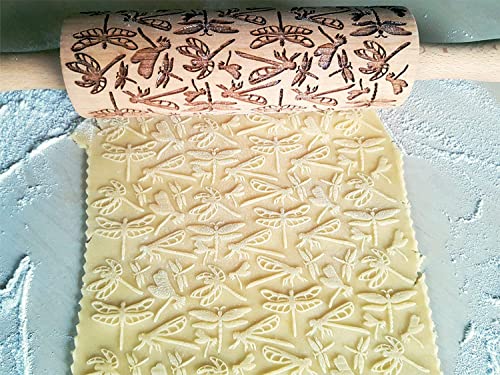 DRAGONFLY EMBOSSING ROLLING PIN WOODEN EMBOSSING ROLLING PIN with DRAGONFLY for EMBOSSED COOKIES GIFT for MOTHER FRIEND