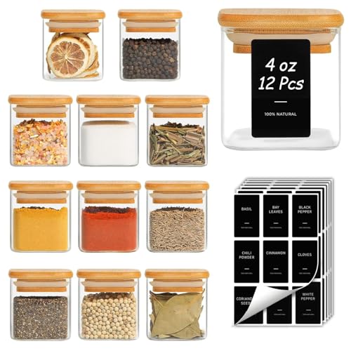 Glass Spice Jars with Labels 4 oz 12 Pack Small Square Bamboo Lids (12 Count)