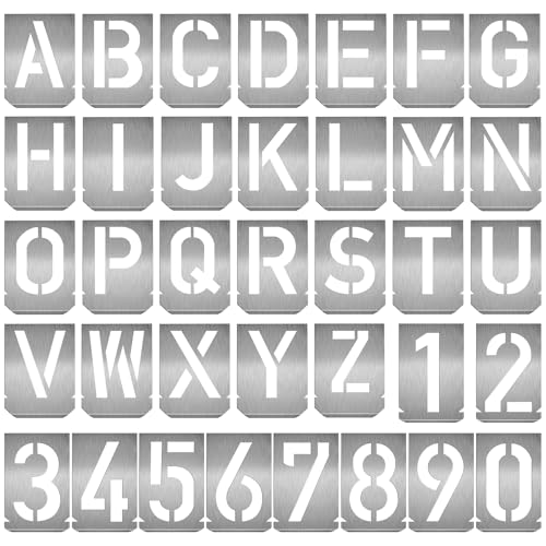 2.4Inch(60mm) Letter Number Stencils Set, 36 Pcs Stainless Steel Templates for Spray Painting, Reusable for Signs, Craf Metal DIY,Journaling, Narrow HT0347 (36 Count)