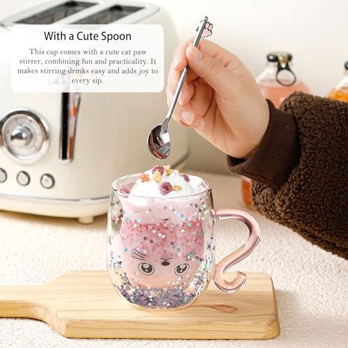 Gifts for Women Cat Gifts Double Walled Glass Coffee Latte Cup Cute Stuff Cat Mug Gifts for Her Christmas Stocking Fillers