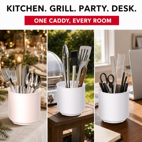 Jumbo XL Rotating White Plastic Utensil Holder Caddy with Sturdy No
