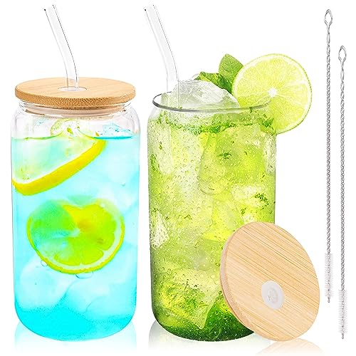 Glass Cups with Bamboo Lids and Straws 2 Set 16 oz Reusable Iced Coffee Cup Beer Can Drinking Jars for Smoothie Whiskey Boba Soda Tea Gift (2 Count)