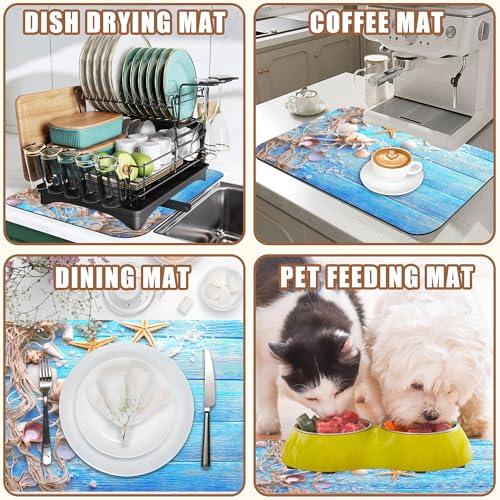 Summer Sea Shells Starfish Coffee Mat Absorbent Dish Drying Mat for Kitchen Counter Hide Stain Rubber Backed Coffee Bar Accessories 11.8 x 19.7 Inch Fit Under Espresso Machine