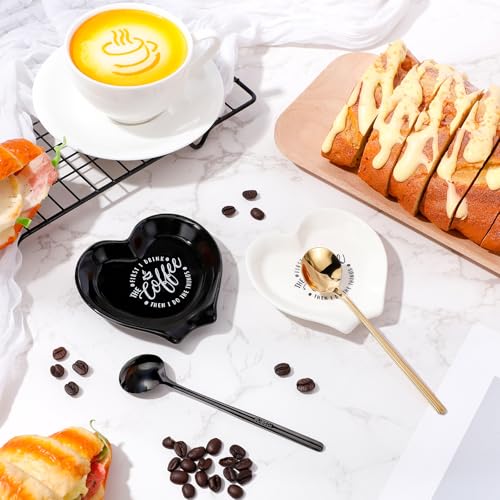 2 Pcs Ceramic Coffee Spoon Rest with Spoon Small Heart Black White Stirrer Holder Bar Station Accessories Decoration Lover Housewarming Gift