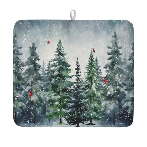 Winter Pine Tree Dish Drying Mat for Kitchen Counter 16x18 Inch Winter Snowflake Xmas Forest Dish Draining Mat Christmas Decorations Fast Absorbent Tableware Dishes Pad for Coffee Bar Countertop