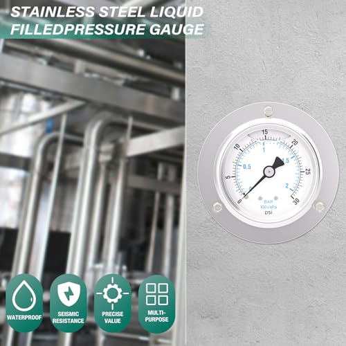 0 30PSI Panel Mount Front Flanged Glycerin Filled Pressure Gauge