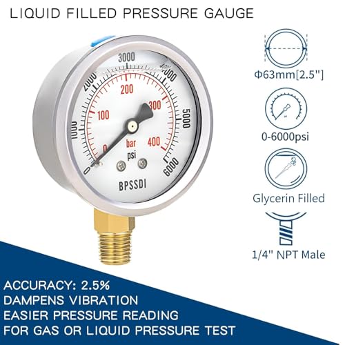 0 6000 Psi Glycerin Liquid Filled Hydraulic High Pressure Gauge
