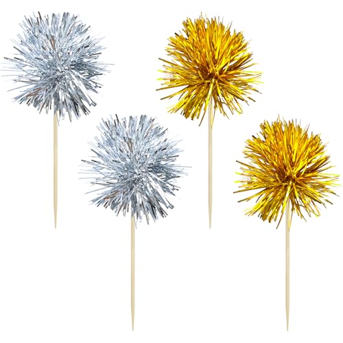 30Pcs Foil Firework Cupcake Toppers Sparkle Tinsel Cake Toppers Tinsel Drink Cake Decoration Cocktail Picks for Birthday Wedding Graduation Party Supplies Gold Silver (30 Count)