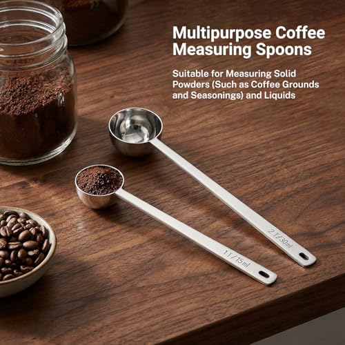 2PCS Coffee Scoop for Ground Coffee Stainless Steel Measuring Spoons Long Handle 30ml 8.66in and 15ml 8.27in Set for Deep Jars Beans Protein Powder Flour