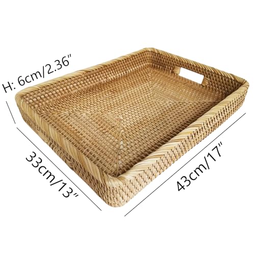 17 Inch Large Rectangular Rattan Serving Tray with Handles