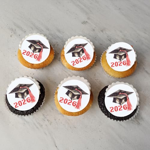 48Pcs Edible 2026 Graduation Cap Cupcake Toppers Wafer Paper Class of 2026 Grad Cap Cupcake Picks for 2026 Graduation Theme Party Cake Decorations Supplies Red (48 Count)