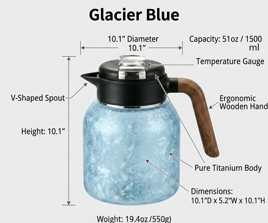 51oz (1500ml) Titanium Teapot with Infuser & Lid,Accurate temperature measurement, Ice-Flake Pattern Large capacity coffee kettle, Wooden Handle water bottle,Gift Box Set(blue)