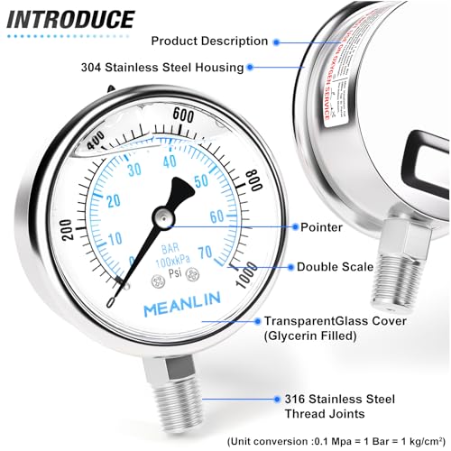 0~1000Psi Liquid Filled Pressure Gauge Stainless Steel with 316 Stainless Steel Joint 1