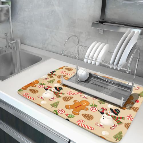 Xmas Gingerbread Man Candy Cane Dish Drying Mat for Kitchen Counter