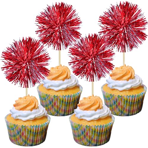30Pcs Foil Firework Cupcake Toppers Sparkle Tinsel Cake Toppers Tinsel Drink Cake Decoration Cocktail Picks for Birthday Wedding Graduation Party Supplies Dark Red (30 Count)