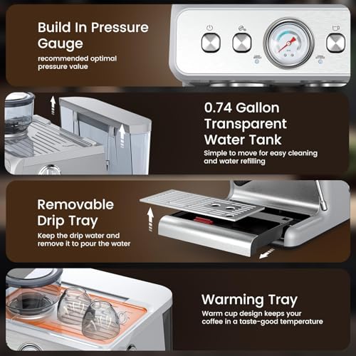 2026 Upgrade) Espresso Machine with Grinder, Expresso Coffee Machines with Built-in Anti-Clog Coffee Grinder/Milk Steam Wand/Frother, Expresso Machines for Home Perfect Cappuccino & Latte-Silver