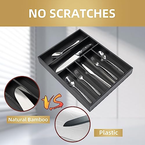 Bamboo Silverware Holder Drawer Utensil Organizer with 7 Slots Black
