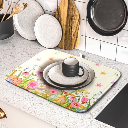 Easter Dish Drying Mat for Kitchen Counter Spring Easter Holiday Dish Drying Mat 16X18 Inch Reversible Absorbent Dish Pad Spring Wildflowers Dishes Drainer Pad Dish Drying Rack Mat for Countertop