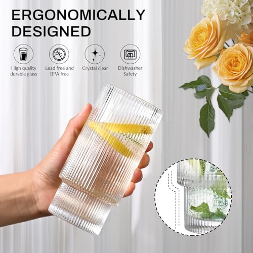16OZ Ribbed Glass Cups with Lids and Straws