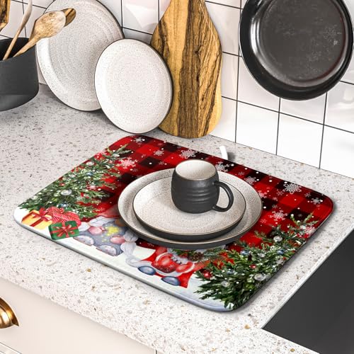 Winter Gnome Dish Drying Mat 16x18 inch Christmas Elf Trees Snowflakes Dish Drainer Mats Black Red Buffalo Plaids Fast Drying Absorbent Dish Drying Pad for Kitchen Countertop Holiday Decor