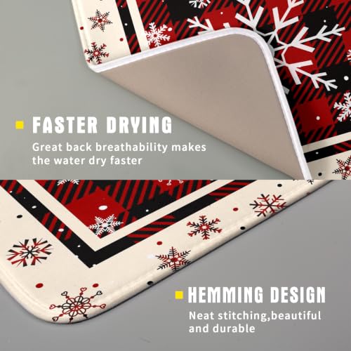 16"x18" Christmas Snowflakes Dish Drying Mat Xmas Red Black Buffalo Plaids Winter Snow Dish Drainer Mats Microfiber Reversible Dish Drying Rack Pad for Kitchen Countertop Tabletop Decor