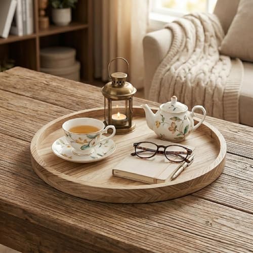 Round Ottoman Tray Large Wood Serving Tray for Table Living Room Bedroom