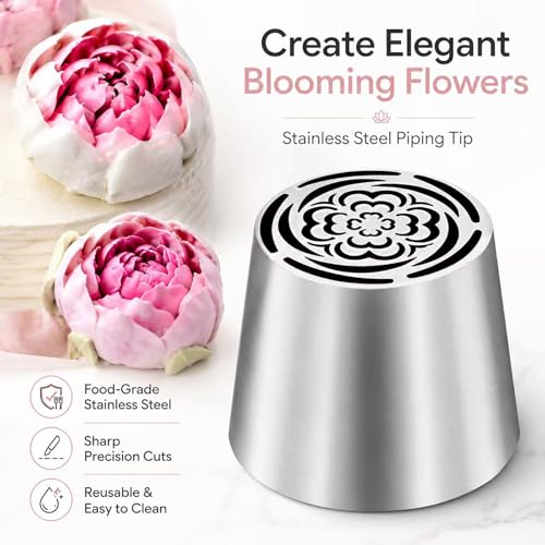 4pcs Russian Piping Tips Set Extra Large Stainless Steel Flower Icing Nozzles One Step Peony Carnation Dahlia Rose Tips for Cake Decorating ButtercreamCupcake Baking Supplies for Beginners (4 Count)