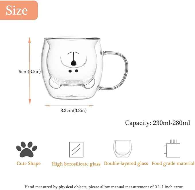 Bear Cute Mugs Kawaii Double Wall Glass Coffee Tea Mill Yogurt Cup Funny Novelty Gift for Women Her Friends Office Birthday Christmas (Bear with handle)