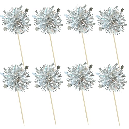 30Pcs Foil Firework Cupcake Toppers Party Birthday Cake Toppers Supplies Sparkle Tinsel Cocktail Fruit Toothpick for Birthday Wedding Graduation Party Silver (30 Count)