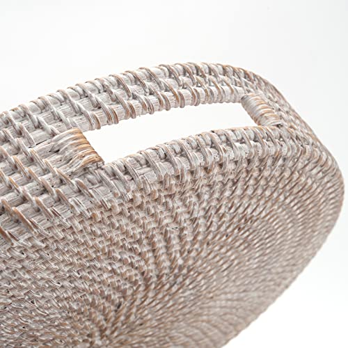 Coffee Table Tray Round Rattan Ottoman Tray Woven Serving Trays with Handles for Home and Kitchen Decorative Whitewash