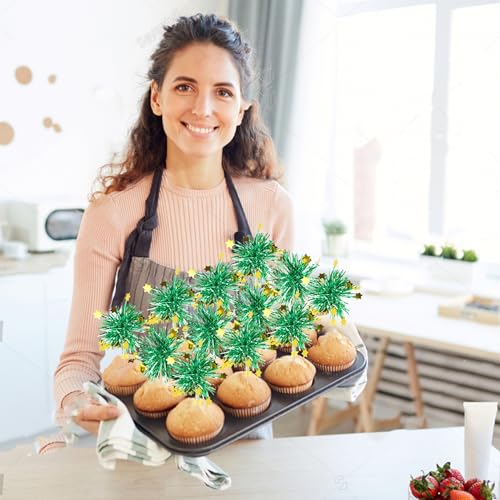 30 PCS Foil Firework Cupcake Toppers Happy Birthday Star Cupcake Picks Sparkle Tinsel Drink Stirrers Cocktail Fruit Toothpicks for Valentine's Day Wedding Birthday Party Decorations Supplies Green (30 Count)