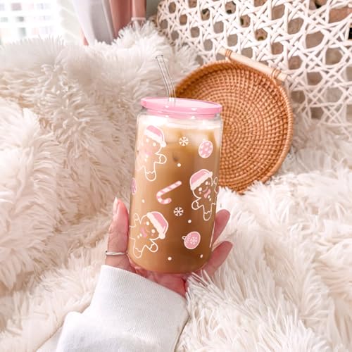 Christmas Gingerbread 16oz Can Glass Tumbler with Acrylic Lid & Straw