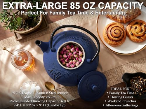 85 Oz XXL Blue Bamboo Cast Iron Teapot