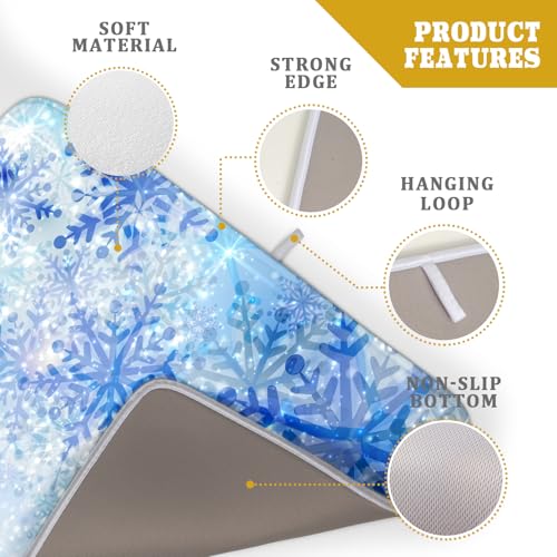 18"x24" Winter Blue Snowflakes Dish Drying Mat Christmas Snow Falling Nature Ice Dish Drainer Mats for Kitchen Microfiber Reversible Dish Drying Rack Pad for Countertop Tabletop Decor