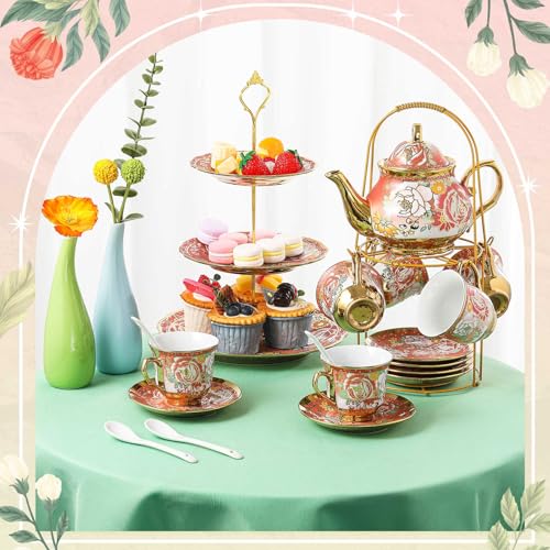 21 Pcs Porcelain Tea Set for Women Tea Party with Metal Holder and 3 Tier Cake Stand Ceramic European Floral Teapot Set for Adults Mother's Day Christmas Thoughtful Gift