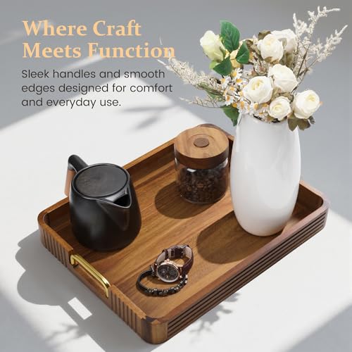 Acacia Wood Serving Tray with Gold Handles