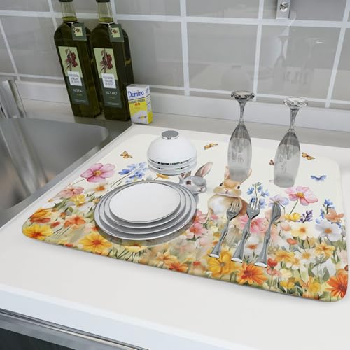 Spring Easter Rabbit Dish Drying Mat for Kitchen Counter