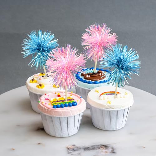 30Pcs Foil Firework Cupcake Toppers Sparkle Tinsel Cake Toppers Tinsel Drink Cake Decoration Cocktail Picks for Birthday Wedding Graduation Party Supplies Light Blue Pink (30 Count)