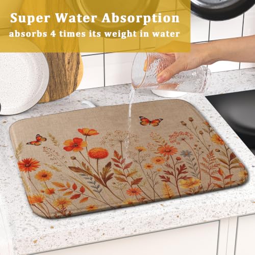 Rustic Fall Flowers Dish Drying Mat Retro Autumn Orange Floral Butterfly Dish Drainer Mats 16"x18" Microfiber Reversible Dish Drying Rack Pad Protector for Kitchen Countertop Decor