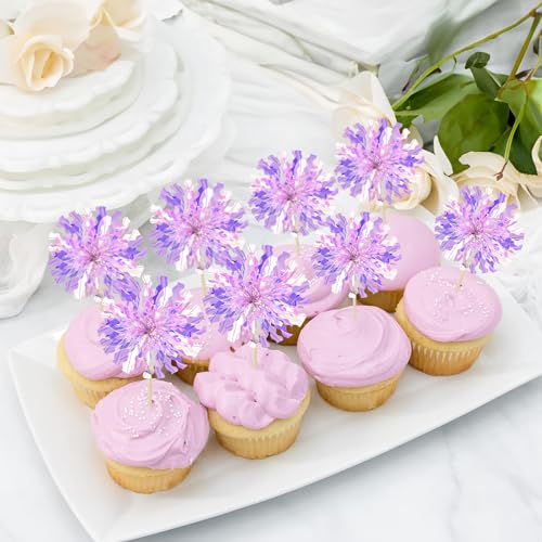 30Pcs Foil Firework Cupcake Toppers Sparkle Tinsel Cupcake Picks Happy Birthday Cake Decorations Drink Stirrers Cocktail Food Fruit Toothpicks for Baby Shower Graduation Party Supplies Purple (30 Count)