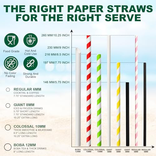 5.75 inch 8mm Wide Short Black Paper Drinking Straws Disposable for Lowball Glasses (250 Count)